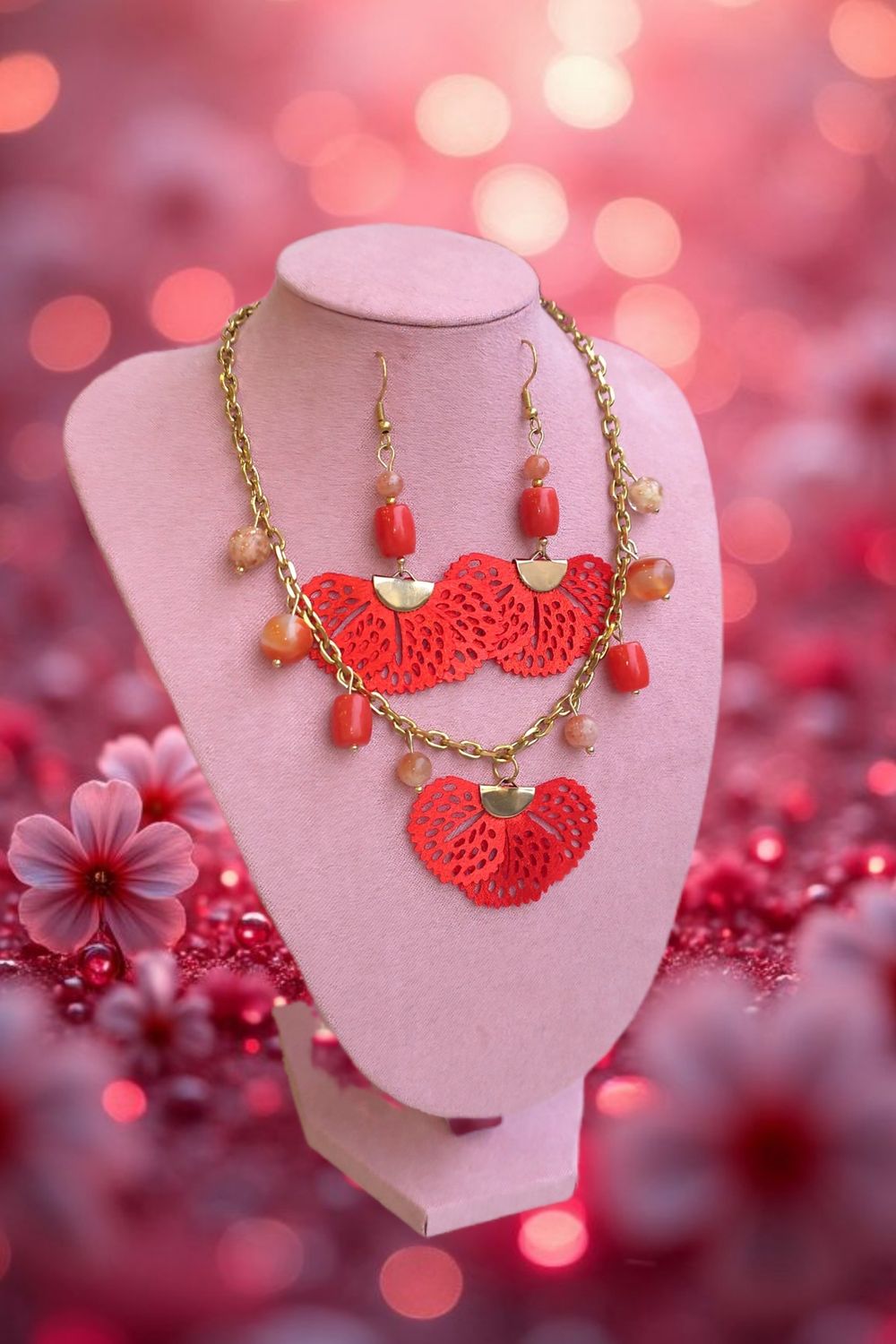 Pièce Unique • Ensemble Collier/Boucle D'oreilles - Pierre du Soleil/Cornaline/Corail