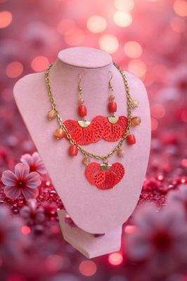 Pièce Unique • Ensemble Collier/Boucle D'oreilles - Pierre du Soleil/Cornaline/Corail