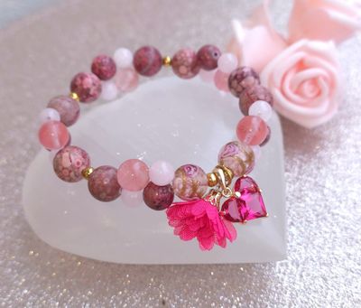 Pièce Unique - Bracelet Création • Corail Fossilisé Rose naturelle/ Quartz Cerise/Quartz Rose/Perle d'Okinawa
