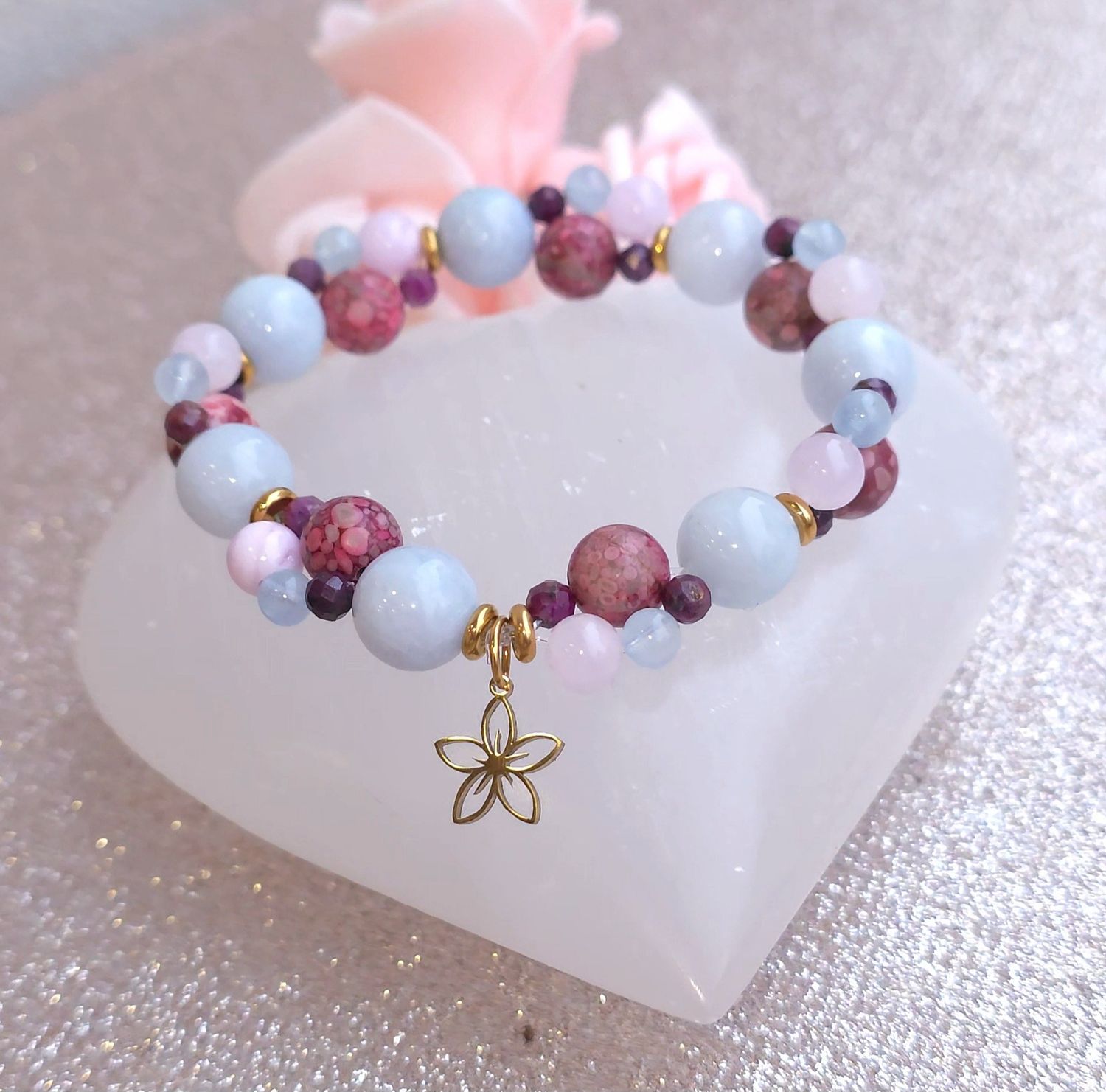 Bracelet Création • Aigue Marine/Rubis/Jade Violet/ Corail Fossilisé Rose Naturelle