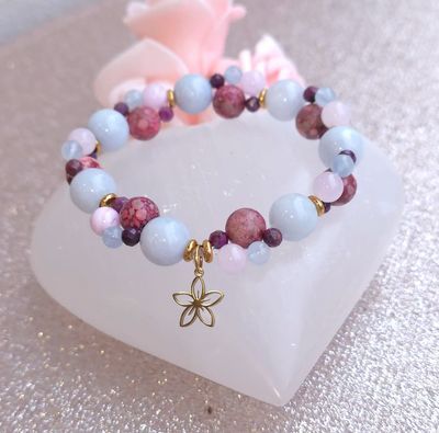 Bracelet Création • Aigue Marine/Rubis/Jade Violet/ Corail Fossilisé Rose Naturelle