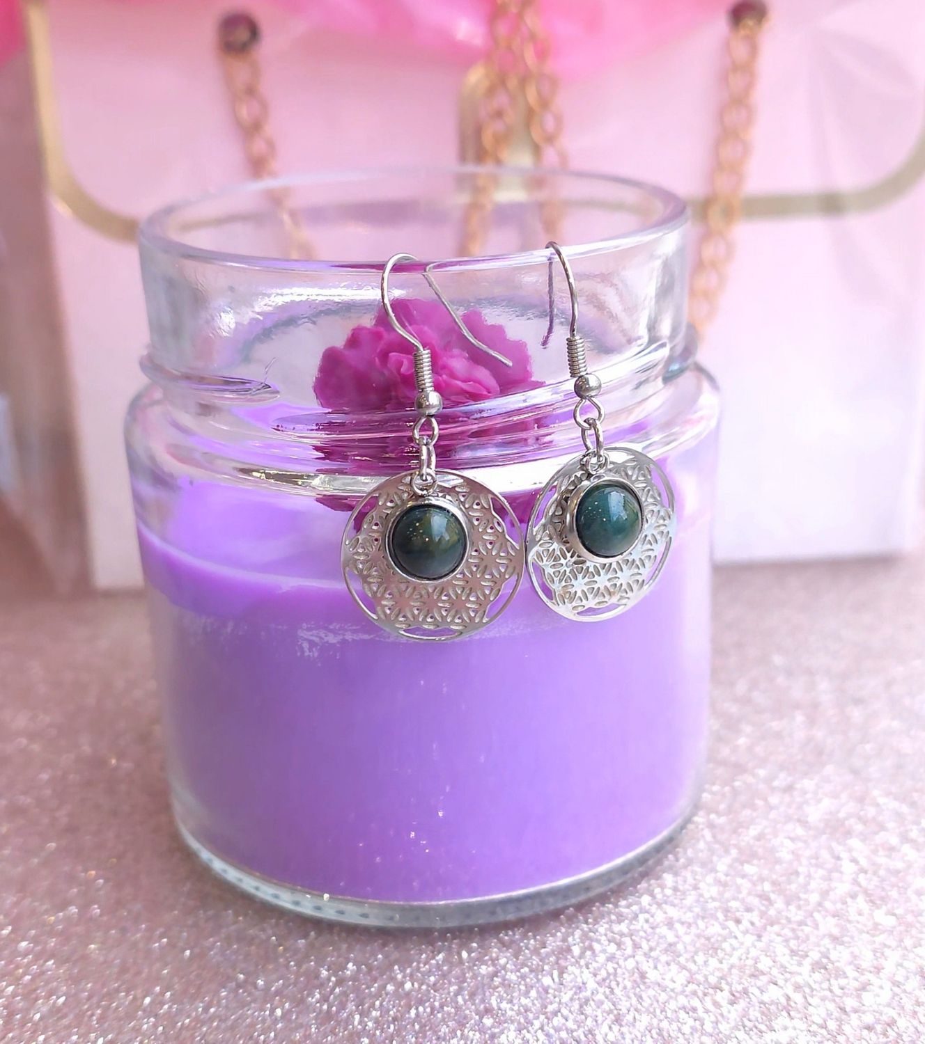 Boucle Pendante • Agate Indienne/Fleur de vie n°1