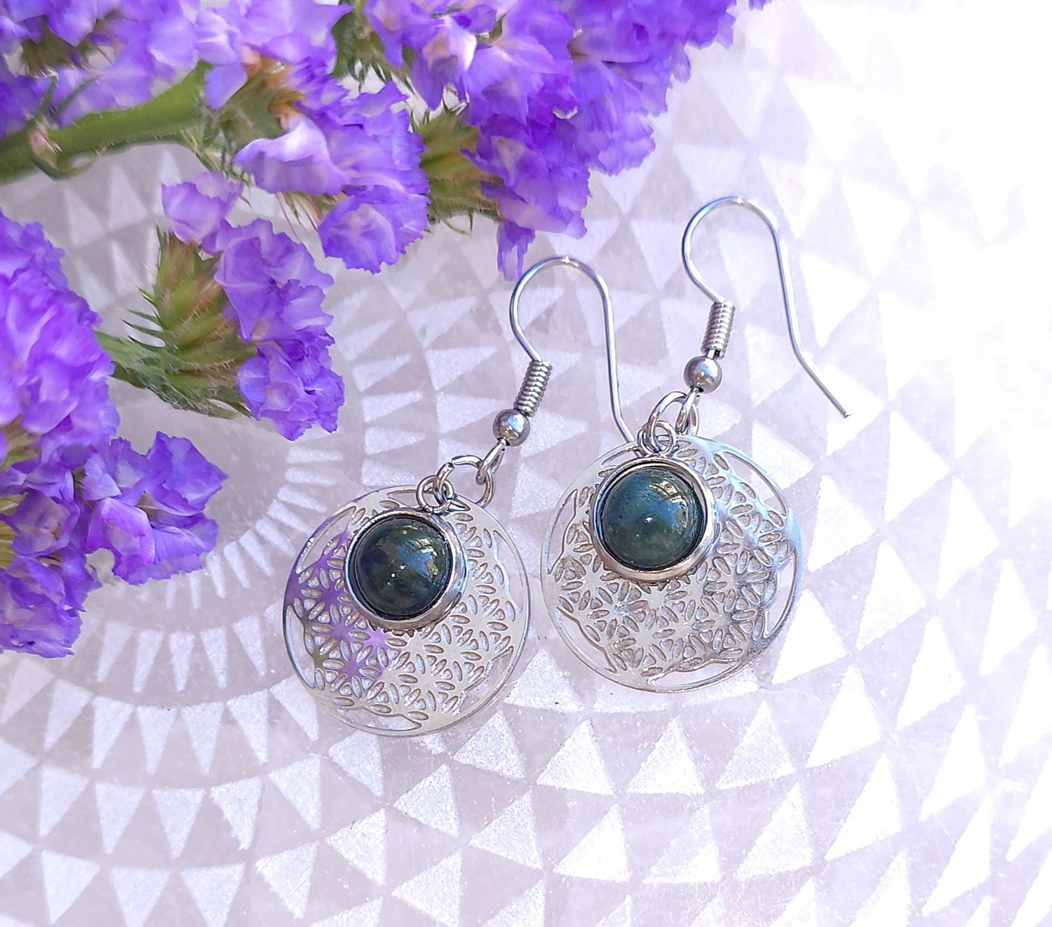 Boucle Pendante • Agate Indienne/Fleur de vie n°1