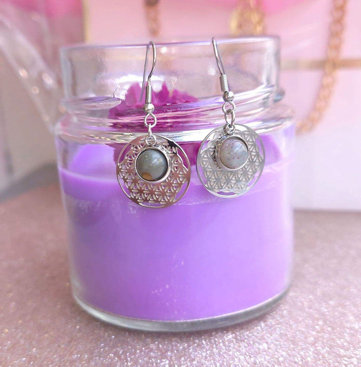 Boucle Pendante • Agate Indienne/Fleur de vie n°3