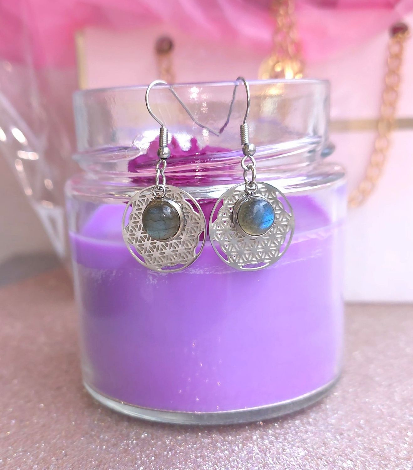 Boucle Pendante • Labradorite/Fleur de vie