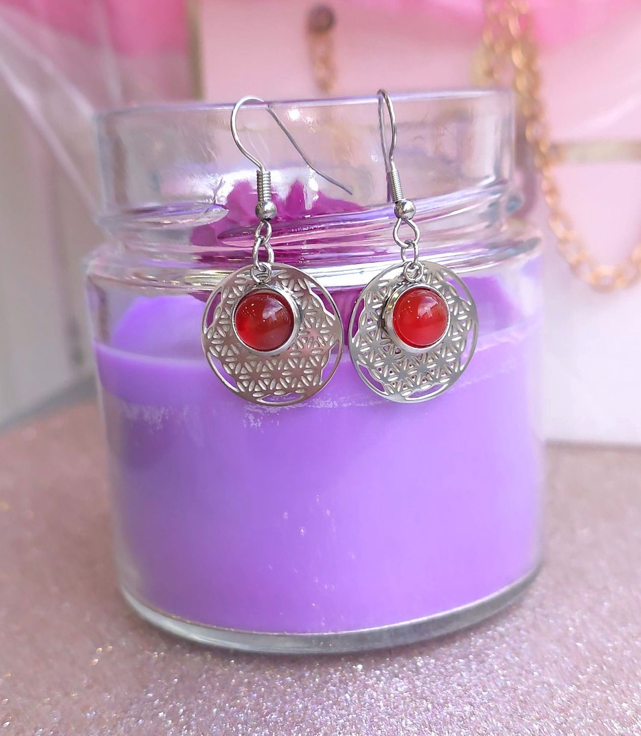 Boucle Pendante • Cornaline/Fleur de vie