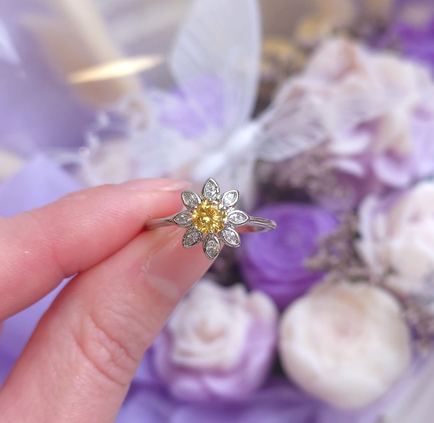 Bague Marguerite Citrine/Cristal de Roche Argent 925 - T53/54