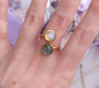 Bague Labradorite/Pierre de Lune Blanche n°1• Acier inoxydable 