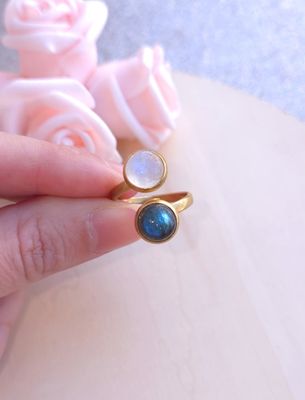 Bague Labradorite/Pierre de Lune Blanche n°1• Acier inoxydable 