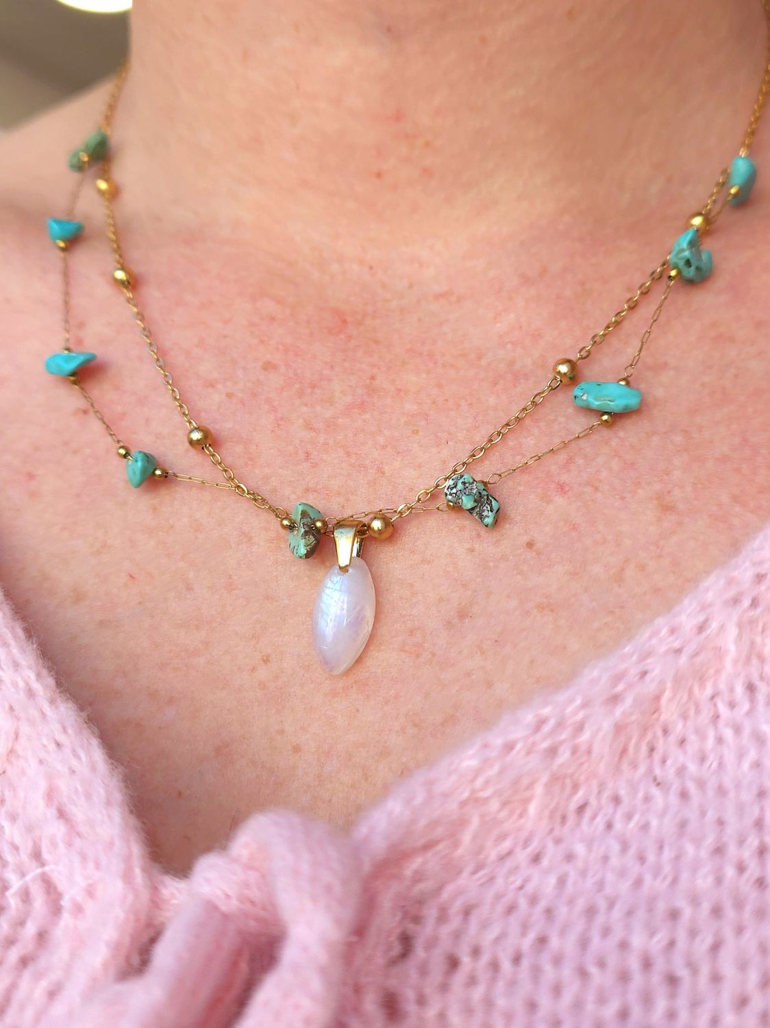 Collier Turquoise du Pérou/Pierre de Lune Blanche