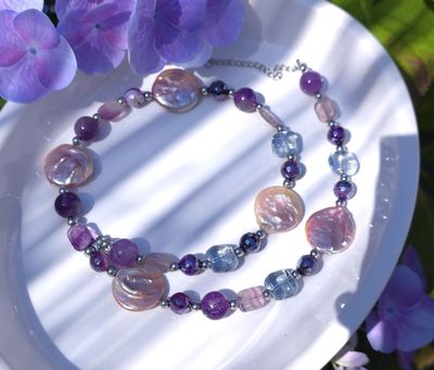 Collier Perle/Agate Violette Facetté/Améthyste/Aqua angel argent/fluorite