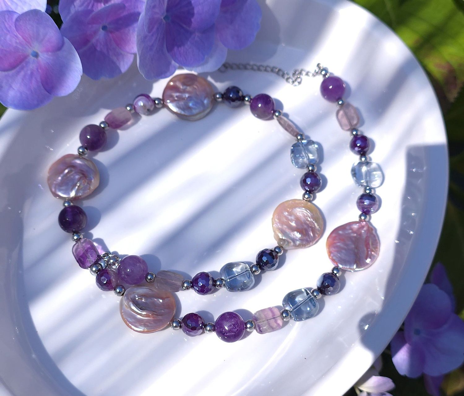 Collier Perle/Agate Violette Facetté/Améthyste/Aqua angel argent/fluorite