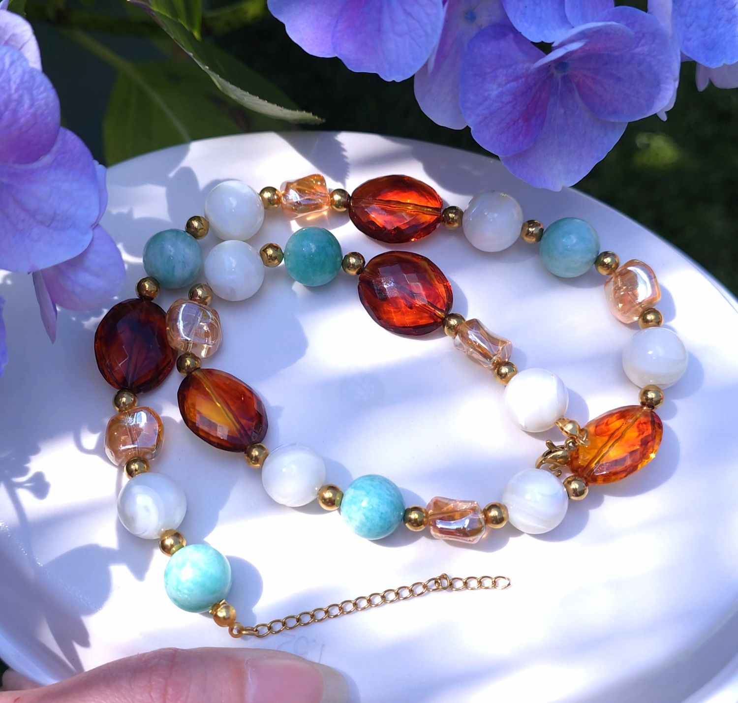 Collier Amazonite/Nacre/Aqua aura or