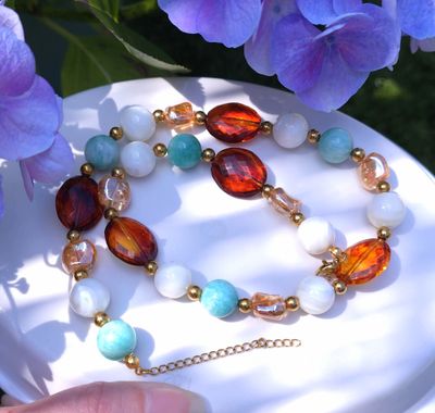 Collier Amazonite/Nacre/Aqua aura or