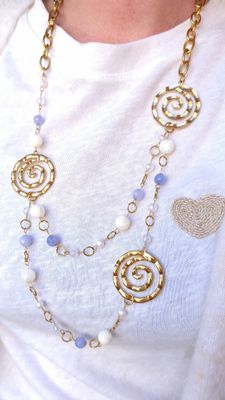 Collier Spirale • Agate Blanche/Aigue marine/ Nacre/Perle de Culture