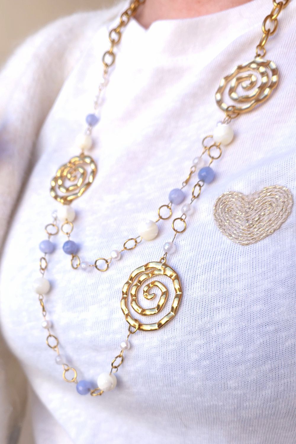 Collier Spirale • Agate Blanche/Aigue marine/ Nacre/Perle de Culture