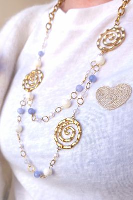 Collier Spirale • Agate Blanche/Aigue marine/ Nacre/Perle de Culture