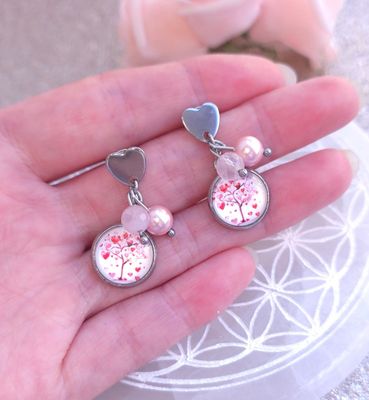 Boucle Bouton Coeur • Quartz Rose Facetté 