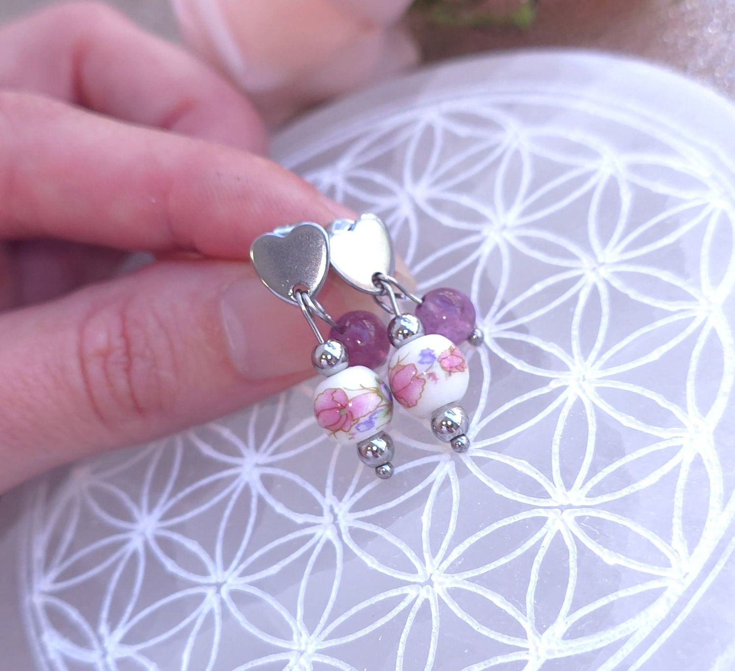 Boucle Bouton Coeur • Fluorite Violette
