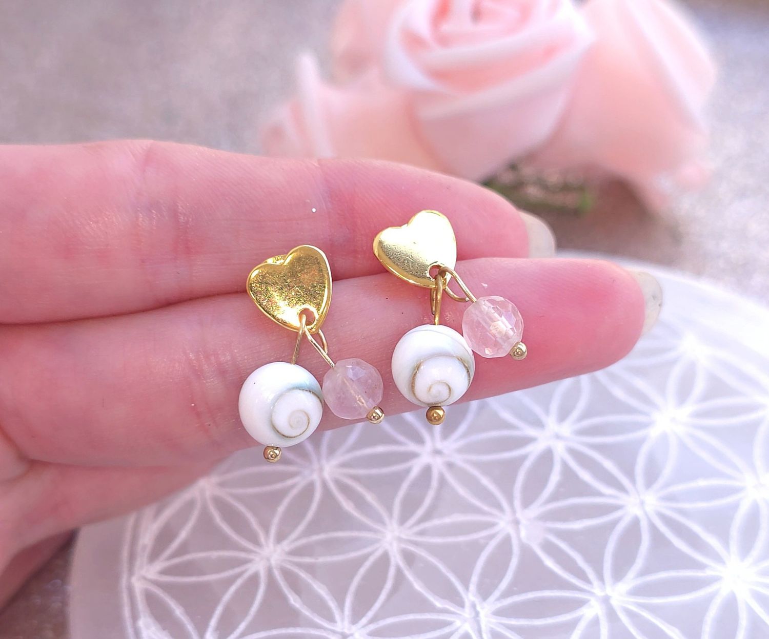 Boucle Bouton Coeur • Oeil St lucie/Quartz Rose 