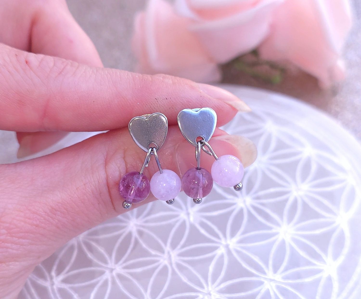 Boucle Bouton Coeur • Fluorite violette/Anhydrite