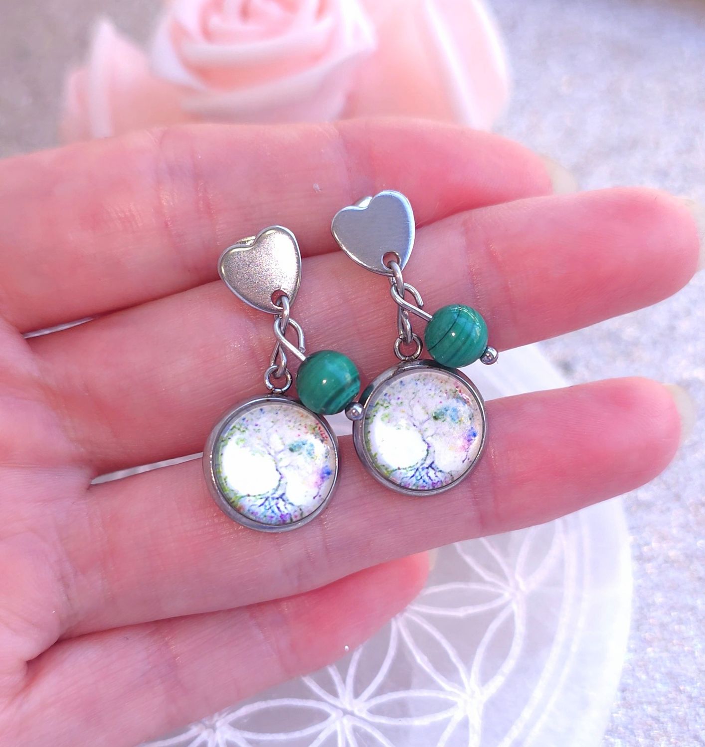 Boucle Bouton Coeur • Malachite