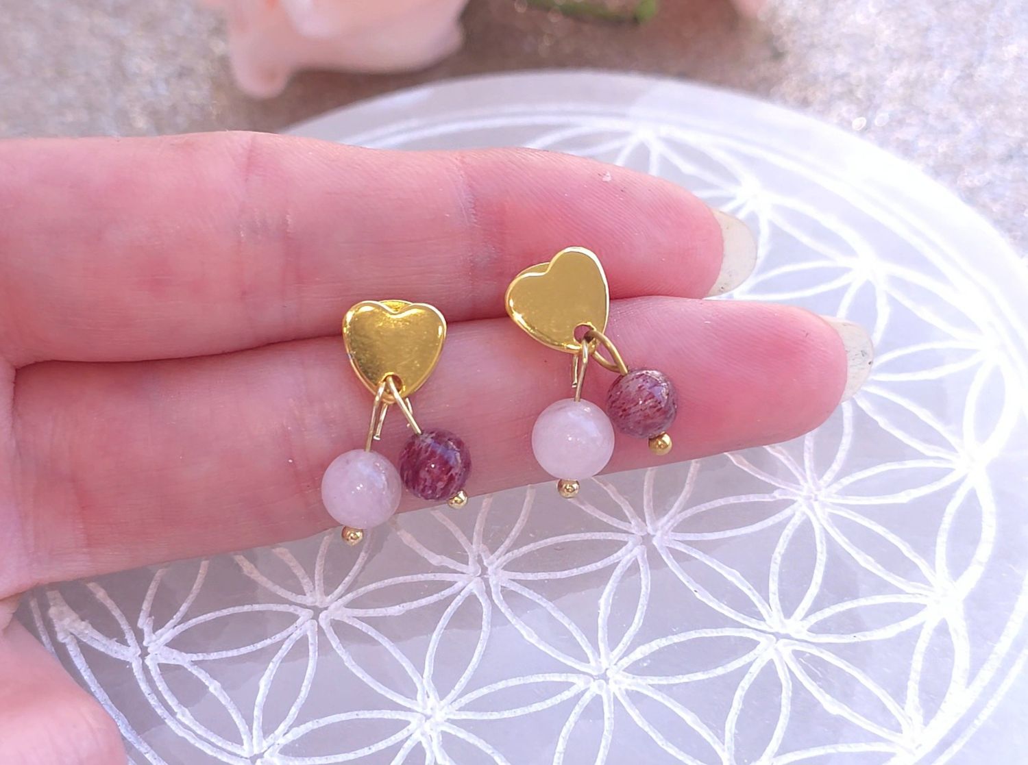 Boucle Bouton Coeur • Quartz Fraise et Rose 