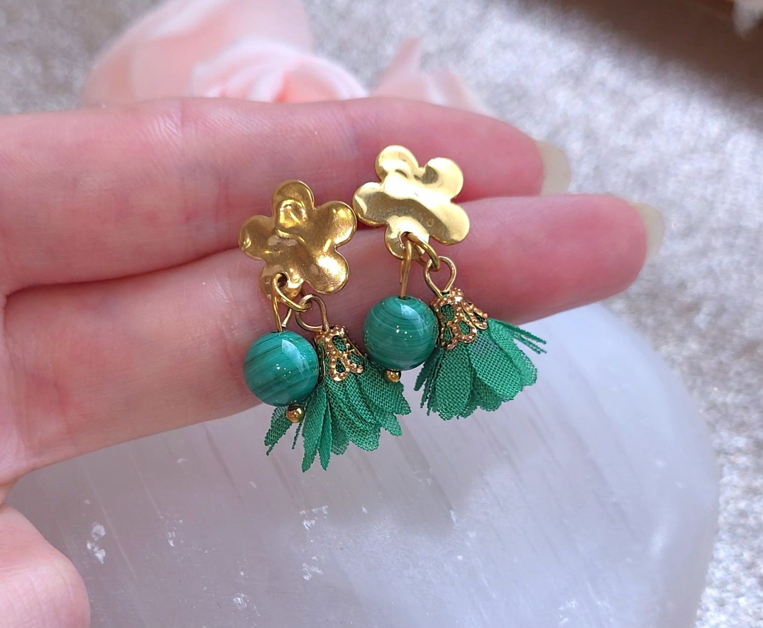 Boucle Bouton Fleur • Malachite
