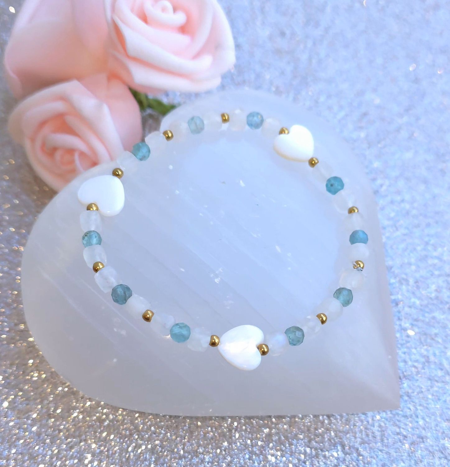 174.Bracelet Création • Nacre/Pierre de Lune/Apatite 18 cm