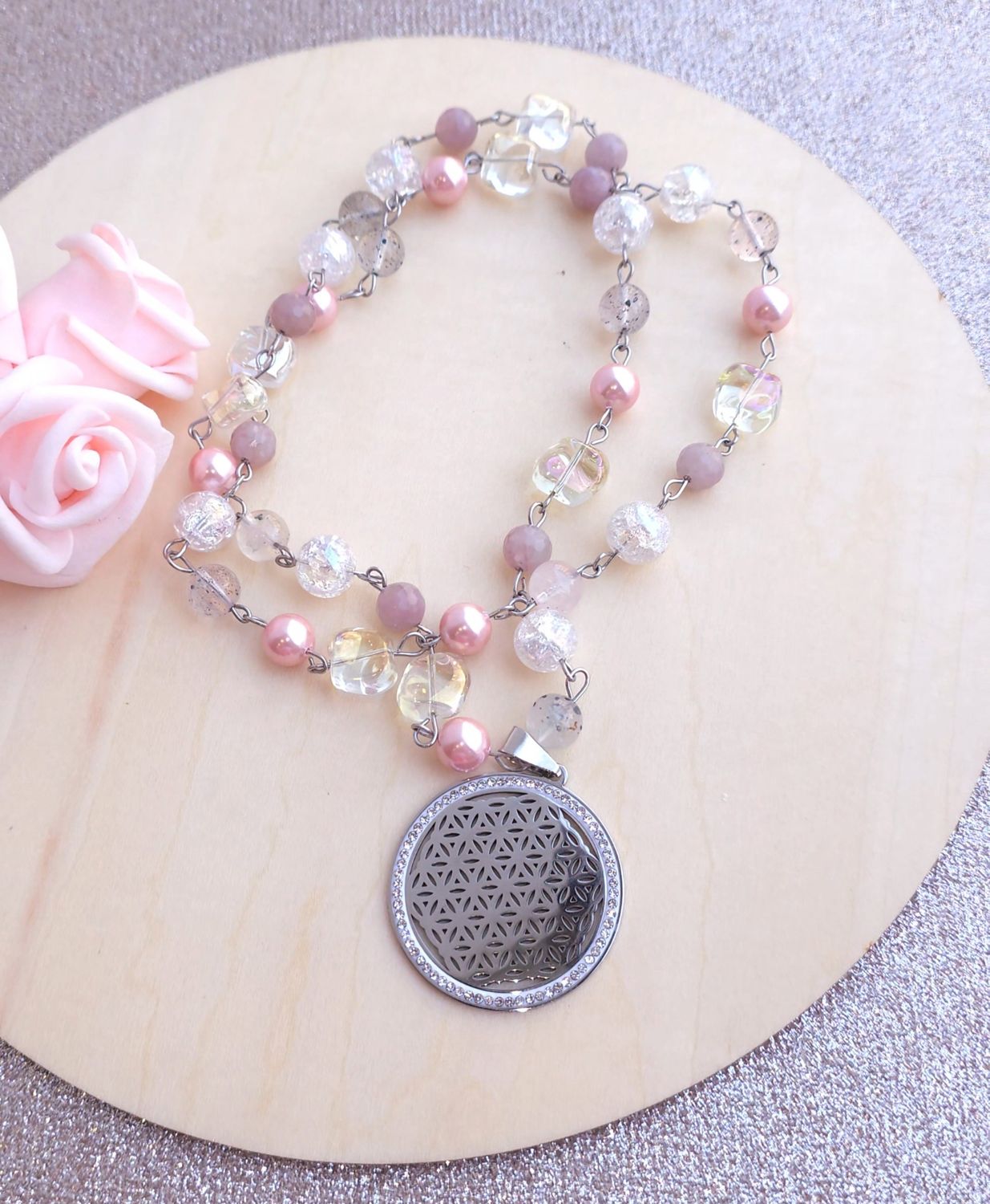 Sautoir Création • Fleur de vie/Quartz Rose/Quartz Mica/Aqua angel