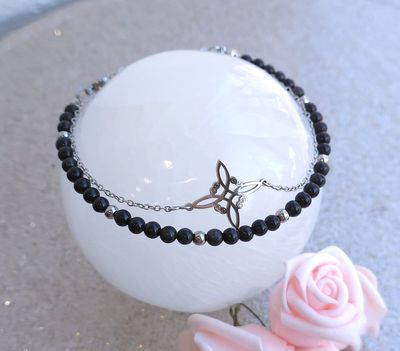 Bracelet de Cheville • Obsidienne oeil céleste et Noeud de Sorcière
