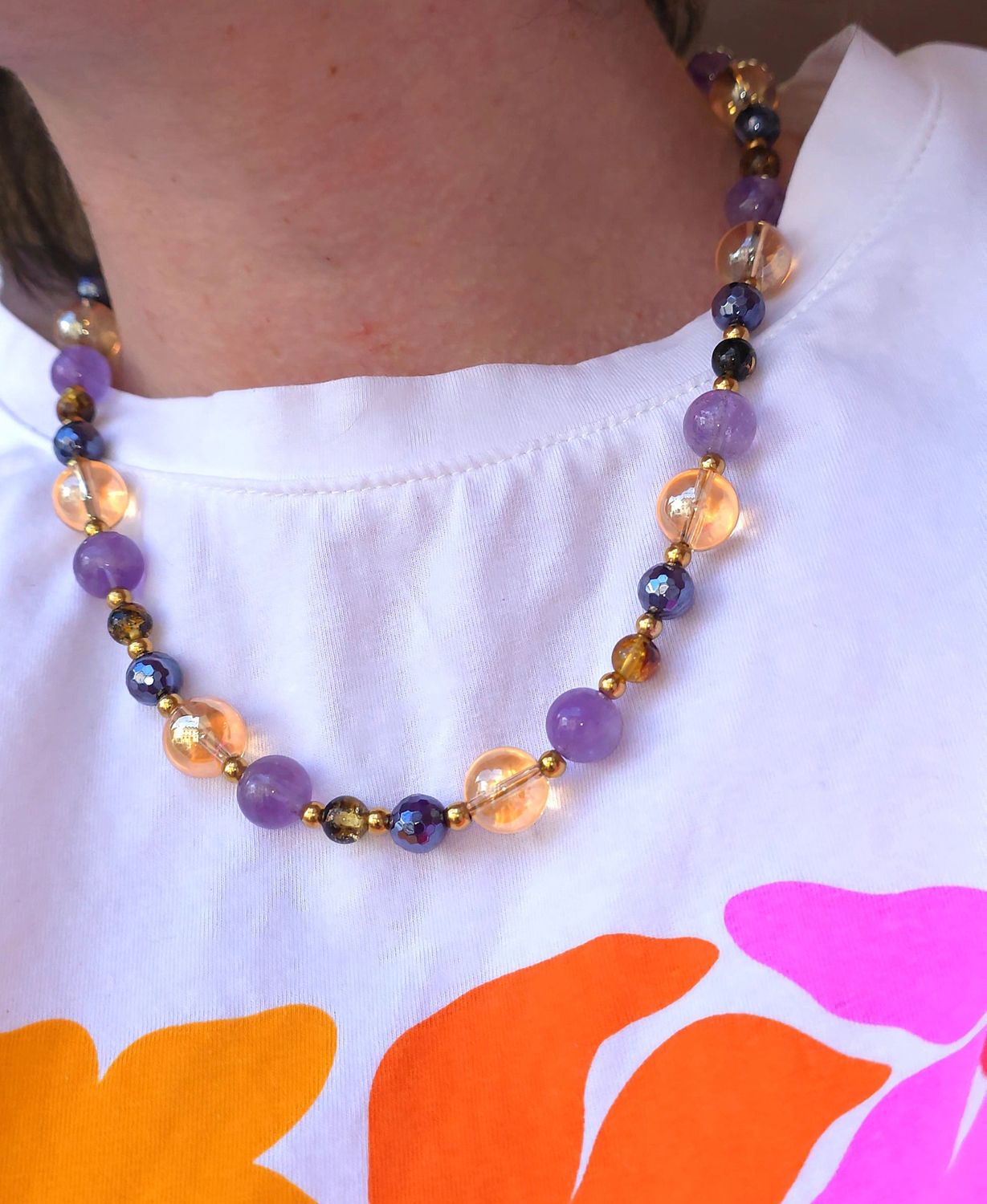 Collier • Ambre/Aqua aura or/Agate Violette/Améthyste