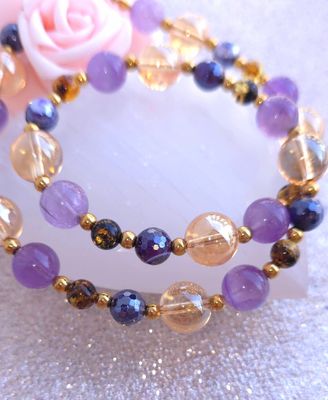 Collier • Ambre/Aqua aura or/Agate Violette/Améthyste