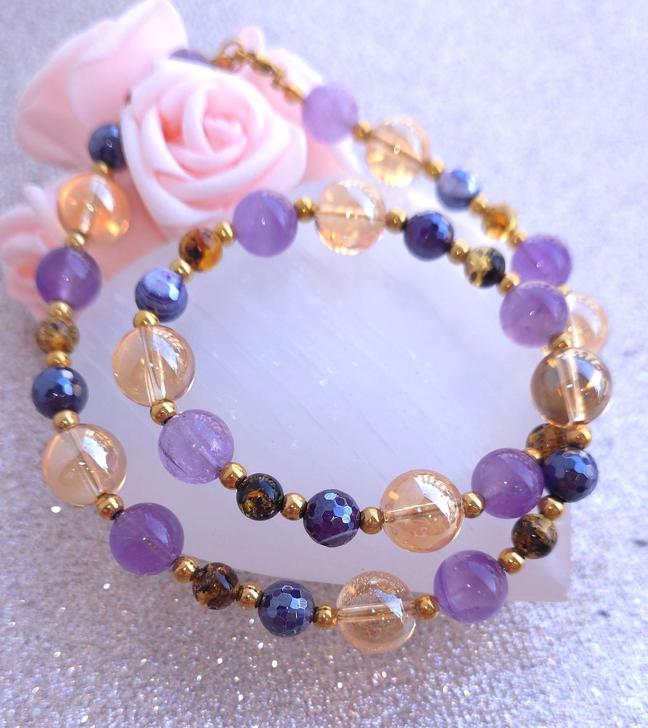 Collier • Ambre/Aqua aura or/Agate Violette/Améthyste