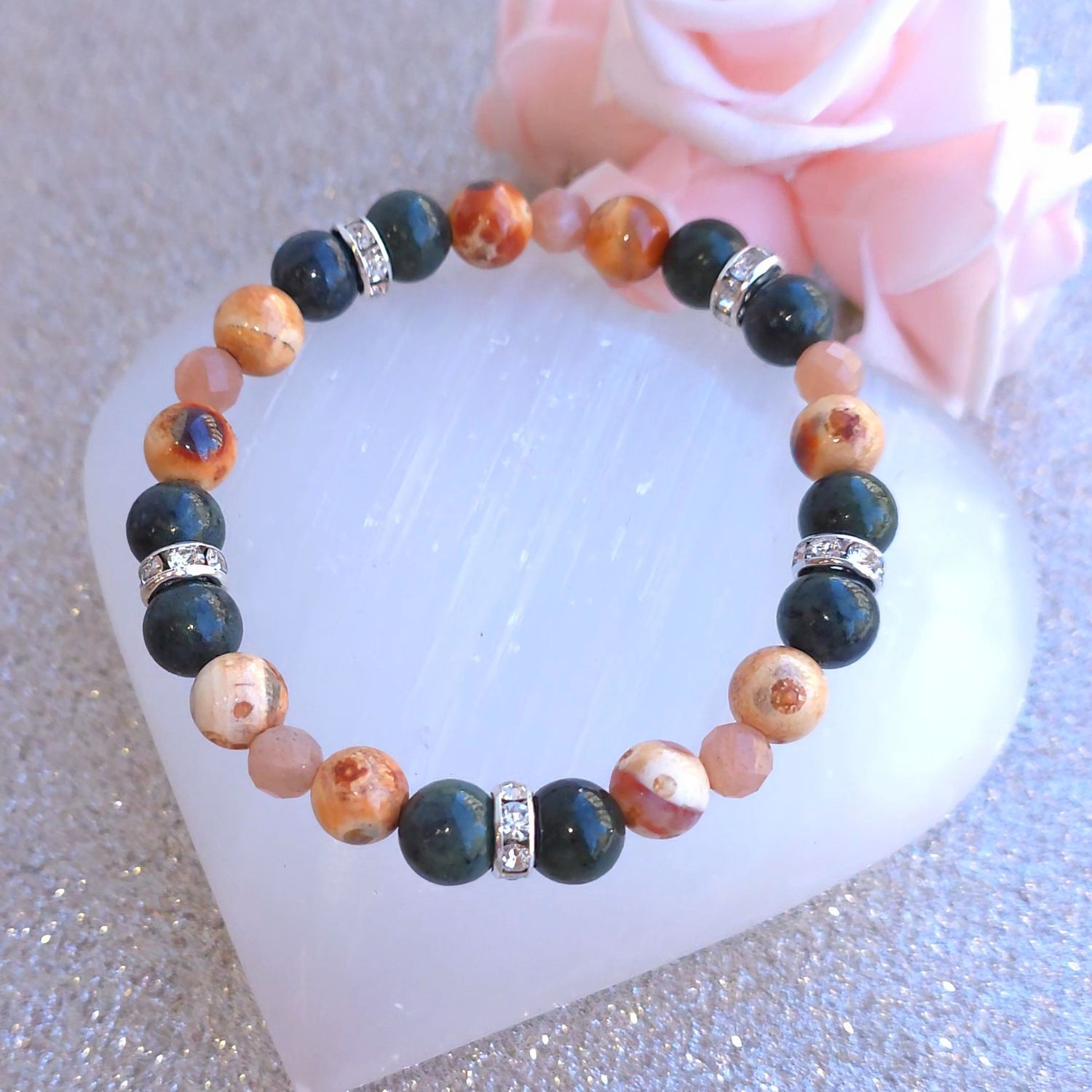Bracelet Création • Jade Néphrite/Agate peau de serpent/Pierre de Lune rose