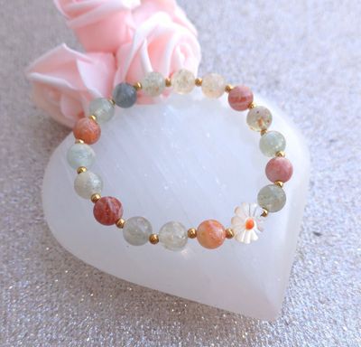 Bracelet Pierre du soleil Multicolore et Marguerite en nacre ø8