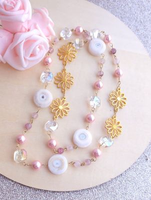 Sautoir Fleur • Quartz Solaire/Aqua Angel/Quartz Rose/Quartz Fraise