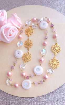 Sautoir Fleur • Quartz Solaire/Aqua Angel/Quartz Rose/Quartz Fraise