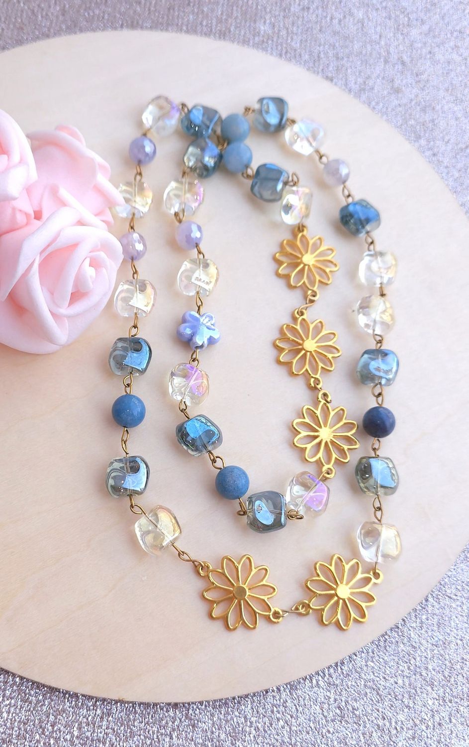 Sautoir Fleur • Aqua aura/Trolléite/Calcédoine Bleue