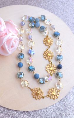 Sautoir Fleur • Aqua aura/Trolléite/Calcédoine Bleue