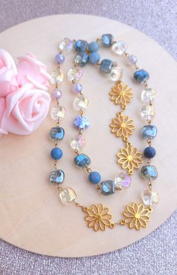 Sautoir Fleur • Aqua aura/Trolléite/Calcédoine Bleue