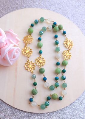 Sautoir Fleur • Agate Verte/Chrysocolle/Jade de chine/Chrysoprase/Lépidochrocite verte