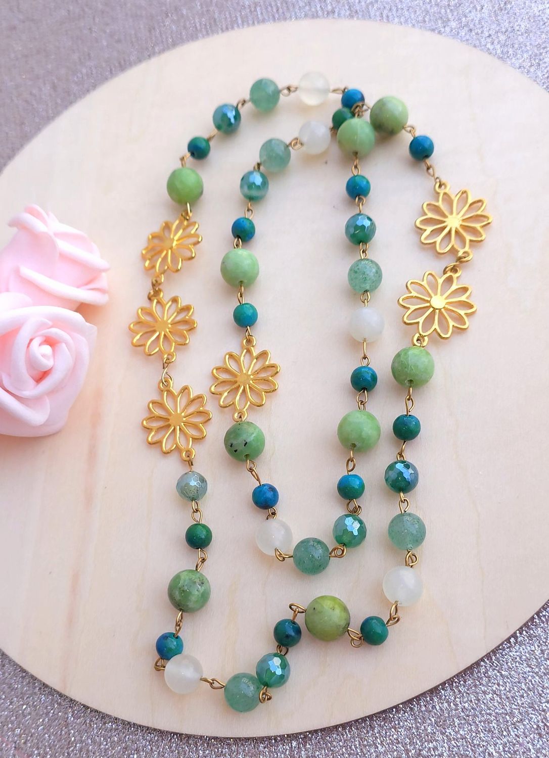 Sautoir Fleur • Agate Verte/Chrysocolle/Jade de chine/Chrysoprase/Lépidochrocite verte
