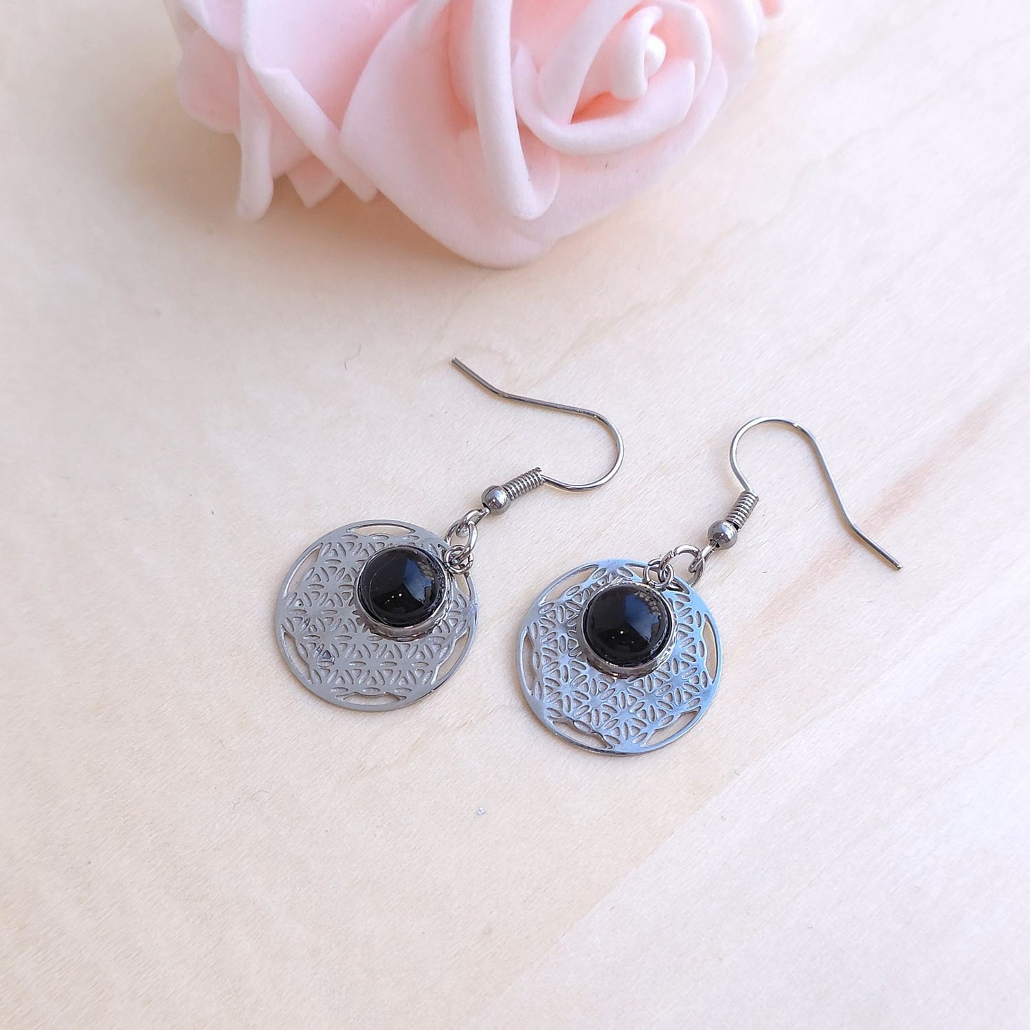 Boucle Pendante • Tourmaline noire/Fleur de vie