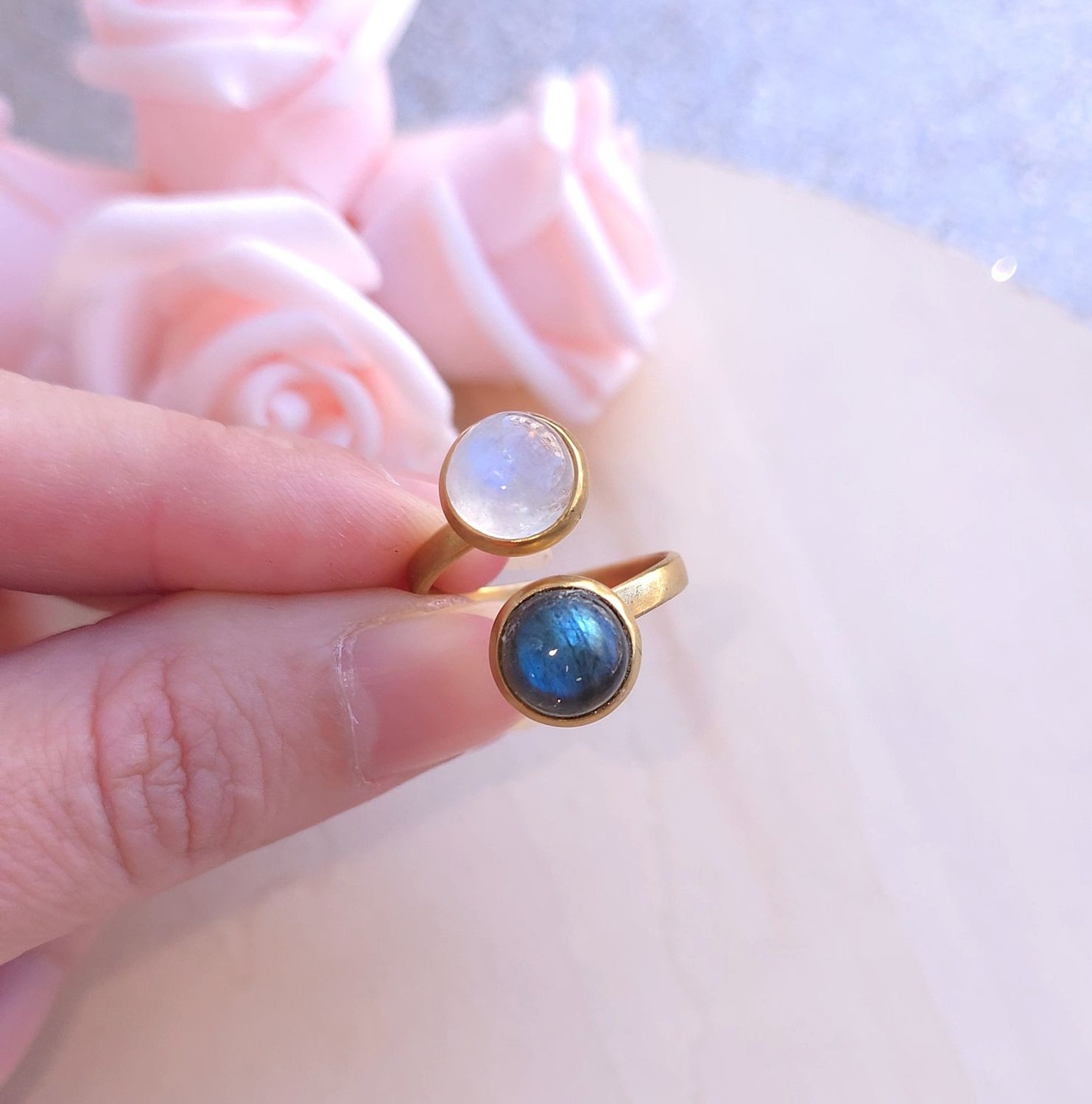Bague Labradorite/Pierre de Lune Blanche n°2• Acier inoxydable 