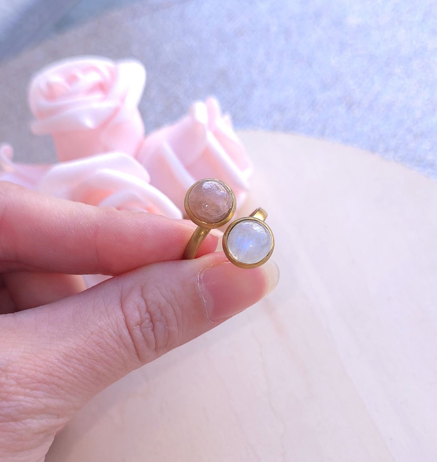 Bague Pierre de lune Blanche et Rose n°1 • Acier inoxydable 