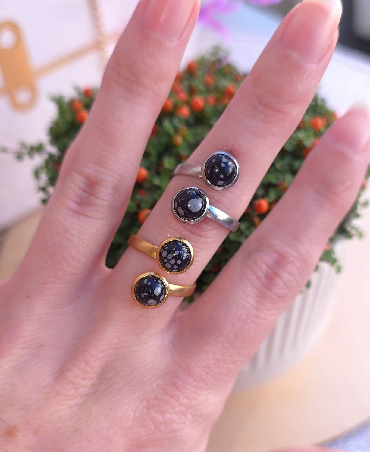 Bague Obsidienne Flocon de neige • Acier inoxydable