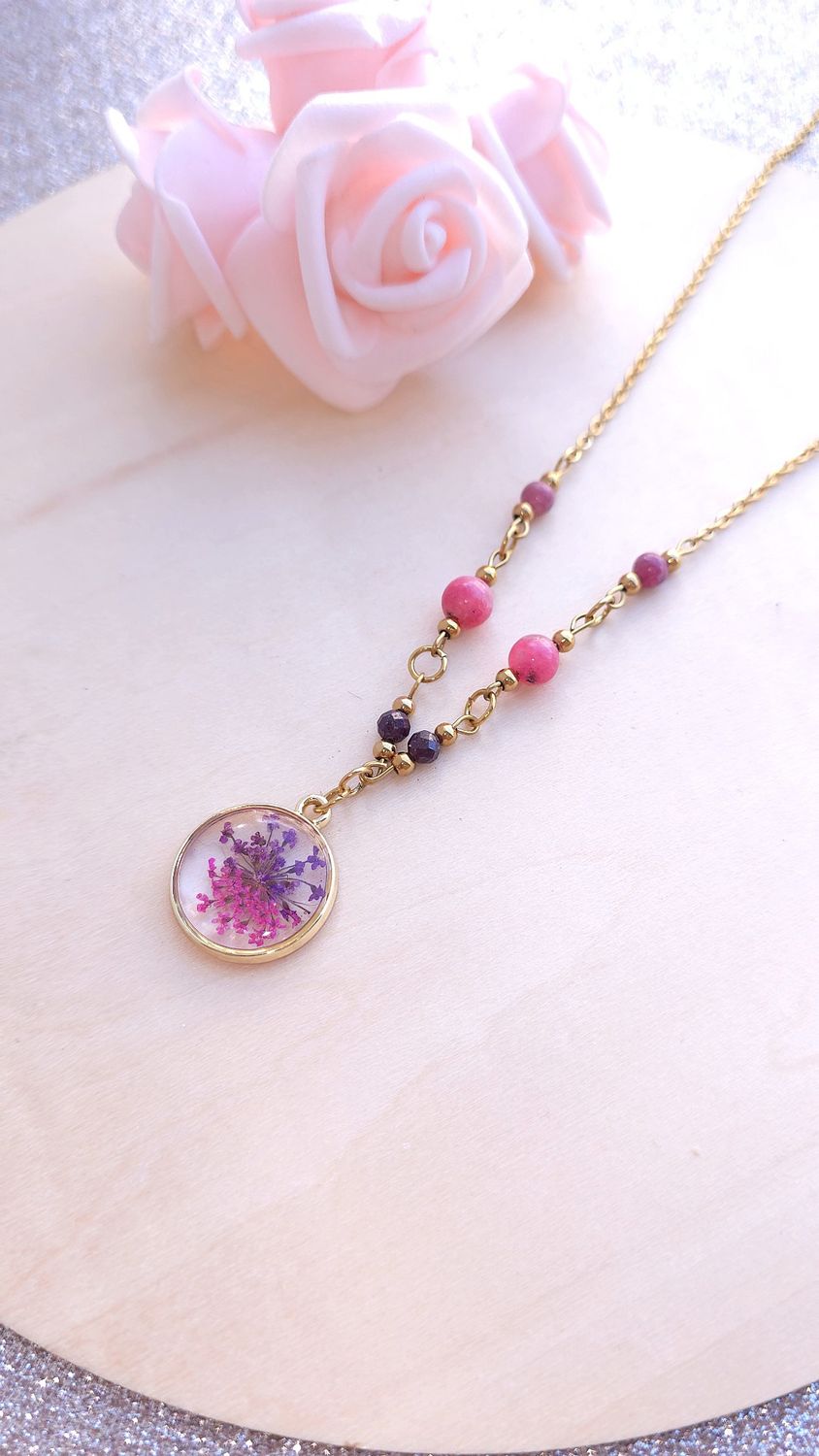Collier Fleur Séché • Rubis/Tourmaline Rose/Rhodonite