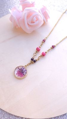 Collier Fleur Séché • Rubis/Tourmaline Rose/Rhodonite