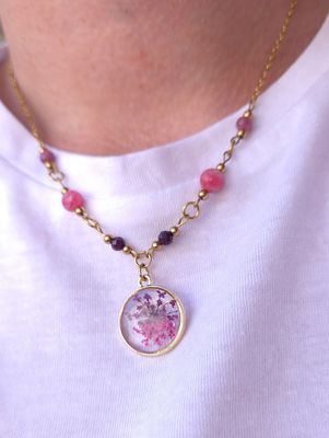 Collier Fleur Séché • Rubis/Tourmaline Rose/Rhodonite